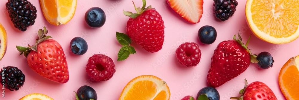 Mixed summer fruits displayed in a flat lay on a pink background, greeting summer with a festive Mixed summer fruits displayed in a flat lay on a pink background, greeting summer with a festive