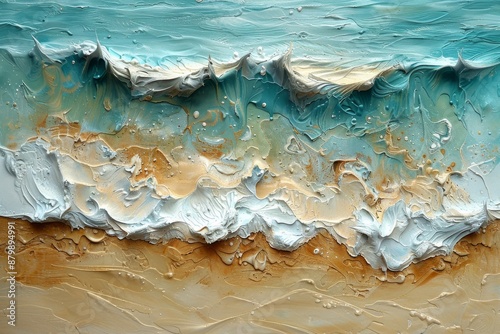 Water on the edge of a sandy shore line, where the ocean meets the coastline, textural details. Generative AI