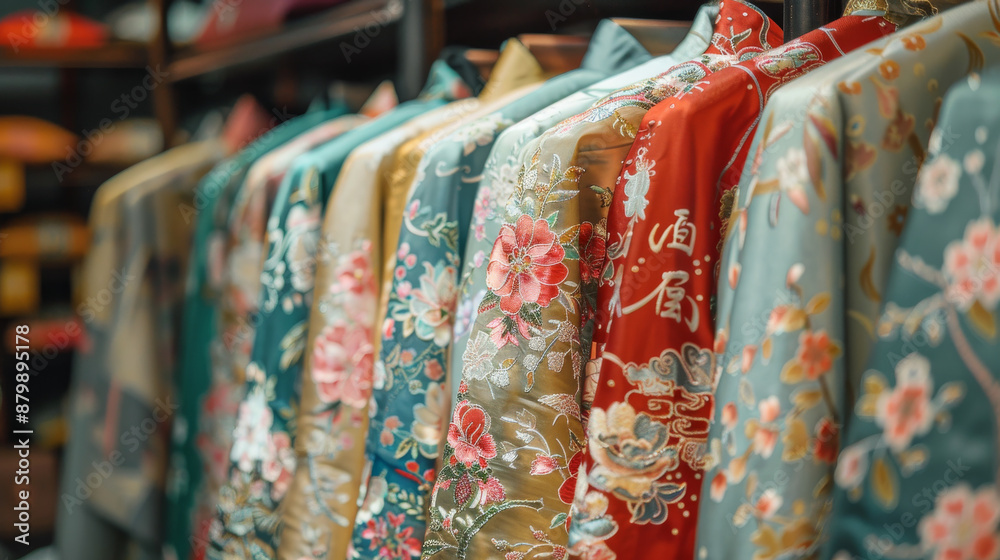 A rack of clothes with floral designs and Chinese characters A rack of clothes with floral designs and Chinese characters