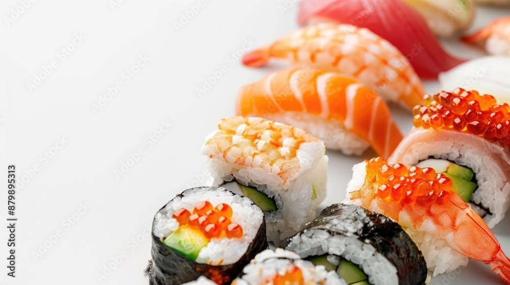 Sushi and rolls with caviar shrimp tuna and avocado on a plain white background Empty space for text Sushi and rolls with caviar shrimp tuna and avocado on a plain white background Empty space for text