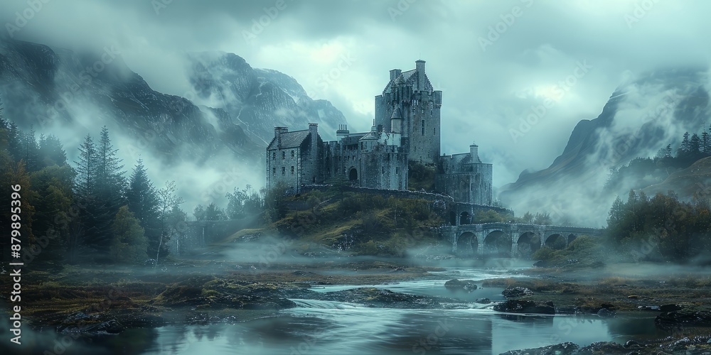 A majestic castle enveloped in mist and mystery, showcases its imposing stone walls, turrets, and battlements against a dramatic landscape A majestic castle enveloped in mist and mystery, showcases its imposing stone walls, turrets, and battlements against a dramatic landscape