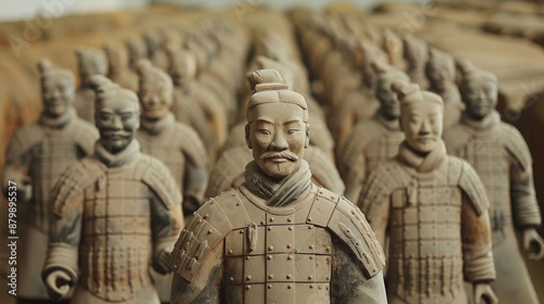 A group of statues of warriors stand in a line
