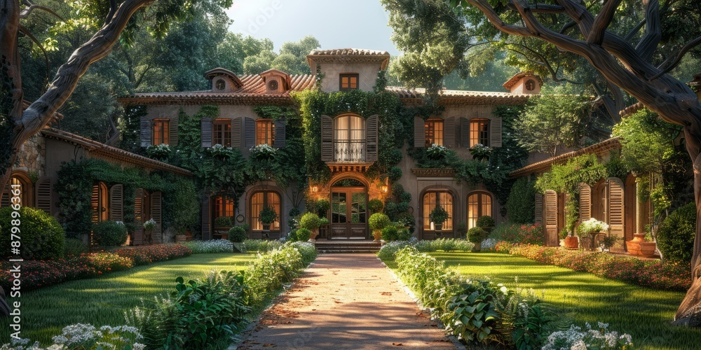 Obraz premium An elegant, ivy-clad mansion features sun-drenched gardens, charming courtyards, and rustic wooden shutters, evoking timeless French countryside charm