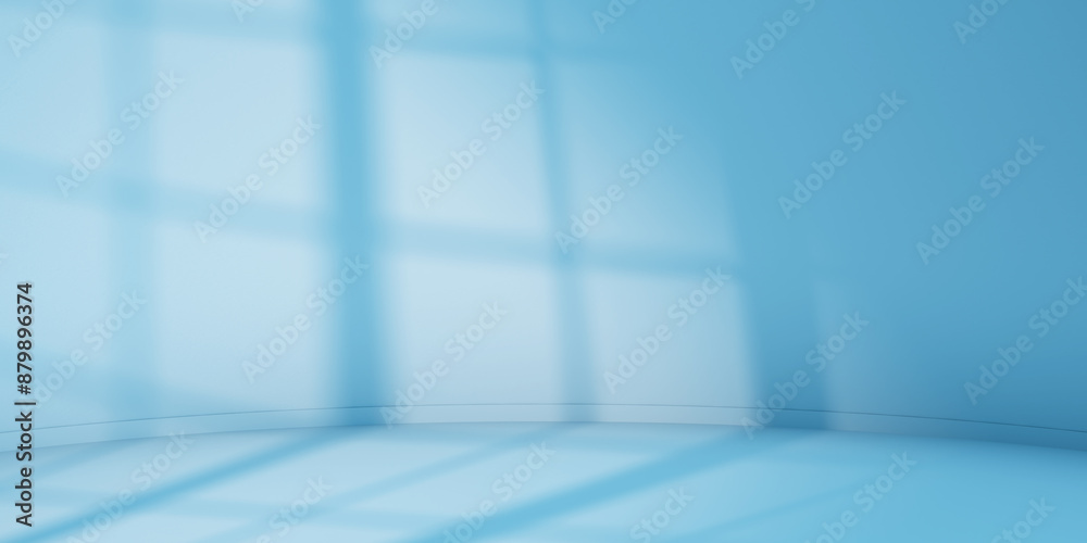 Blue minimalist curved studio for product presentation. Empty room with shadows of window frame. 3d room background with copy space. 3d render illustration
