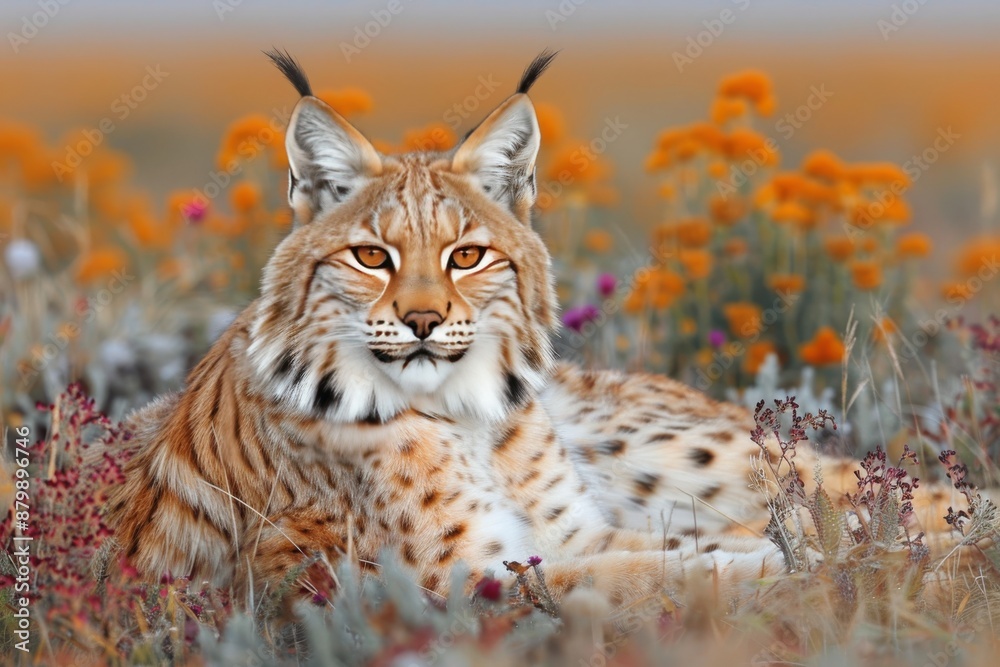 Obraz premium A Lynx Lying in a Field of Wildflowers