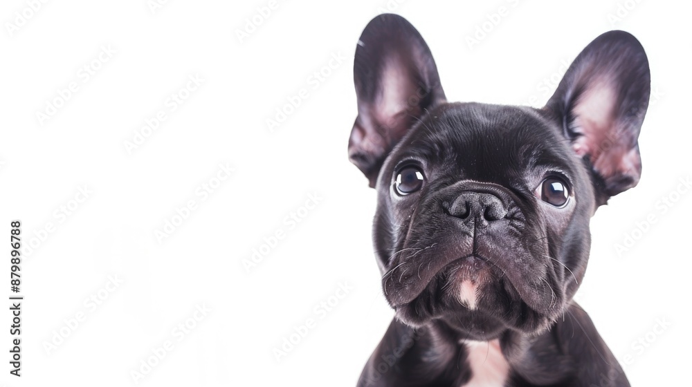 Curious French Bulldog puppy sitting for portrait with text space above Curious French Bulldog puppy sitting for portrait with text space above