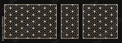 Decorative stencils for laser cut, CNC cutting. Vector panels with abstract geometric pattern, mesh, lattice, floral grid, lines. Islamic and arabian style ornaments. Aspect ratio 3:2, 1:2, 1:1