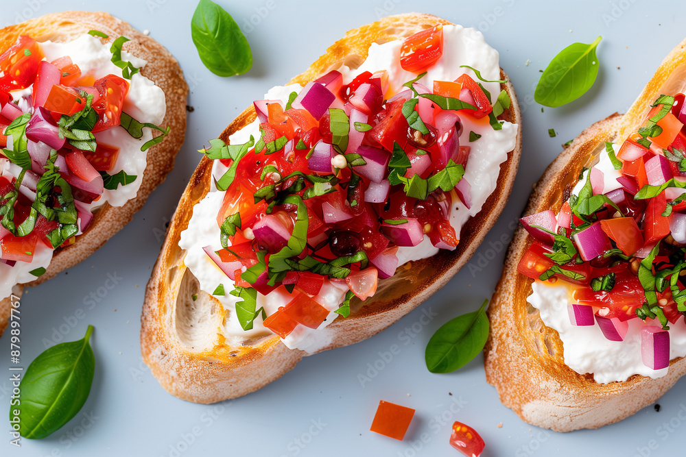 Delicious Bruschetta with Tomatoes, Onions, Basil and Cream Cheese Delicious Bruschetta with Tomatoes, Onions, Basil and Cream Cheese