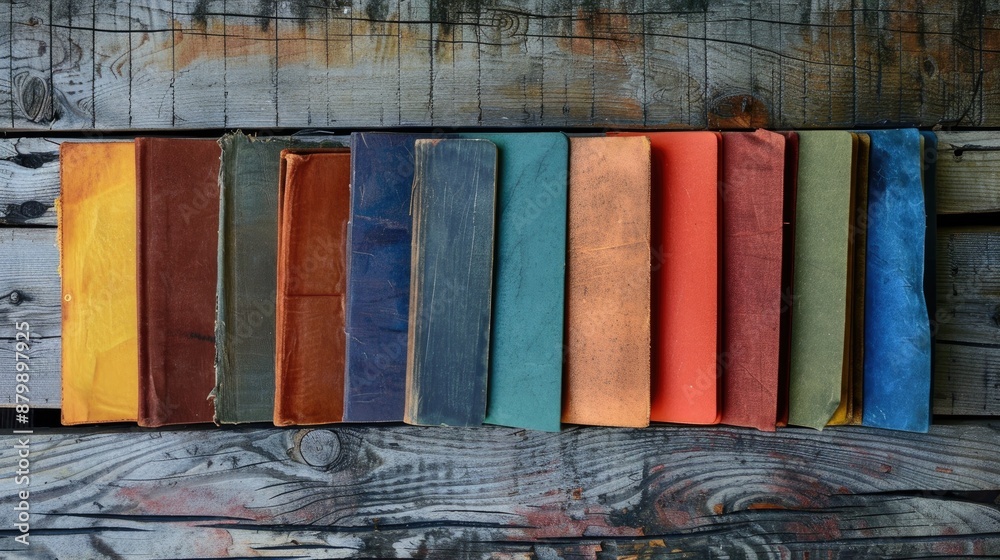 Books of various colors on a wooden surface Books of various colors on a wooden surface