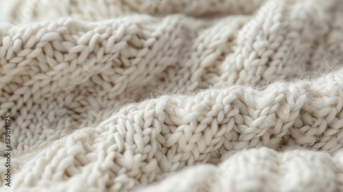 Close up shot of white knitted wool with an uneven single colored and natural pattern photo