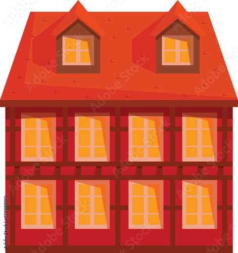 Red facade building with many windows and a tiled roof, showcasing traditional european architecture