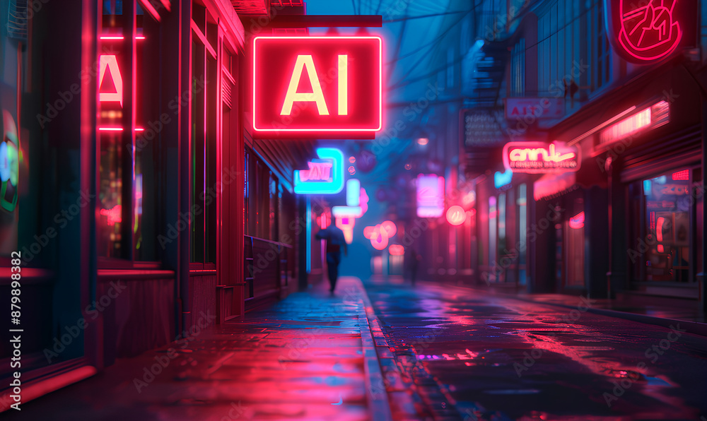 A person walks down a wet city street at night, illuminated by brightly colored neon signs A person walks down a wet city street at night, illuminated by brightly colored neon signs