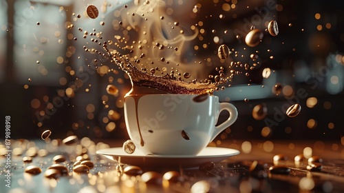 Coffee beans falling into a cup of coffee. photo