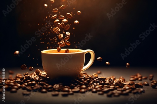 Coffee beans falling into a cup of coffee. photo