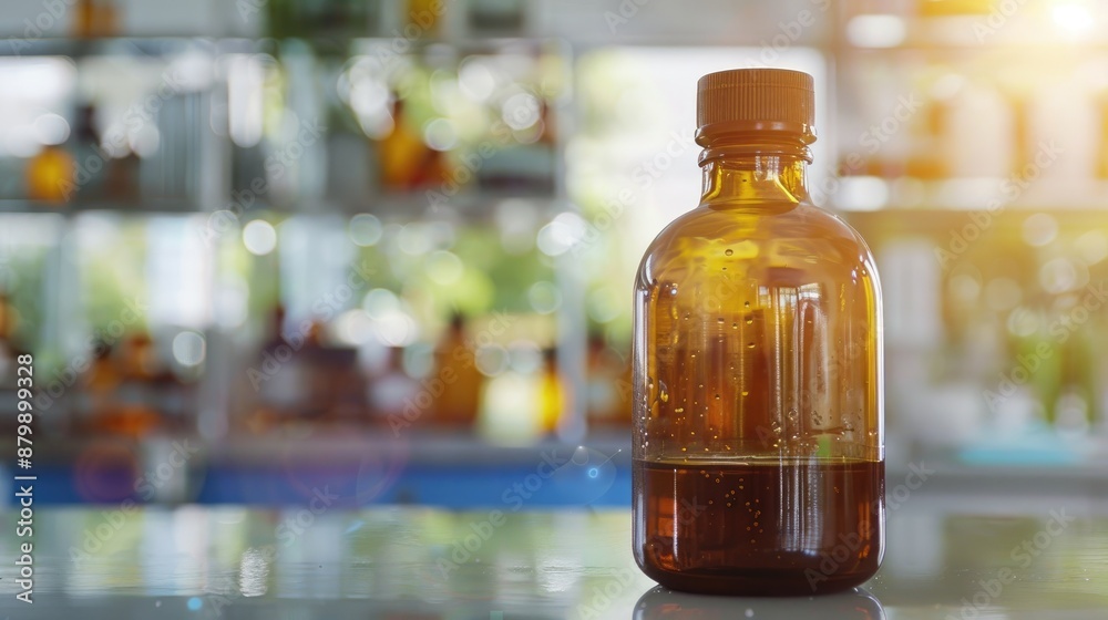 Blurred laboratory background with hydrogen peroxide solution in brown bottle Blurred laboratory background with hydrogen peroxide solution in brown bottle