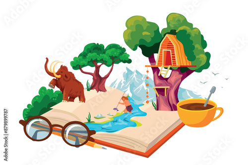 Storybook imagination. Fairy tale story book world enjoy reading, magic journey inside fairytale fantastic books or textbook literature prehistoric storytelling illustration