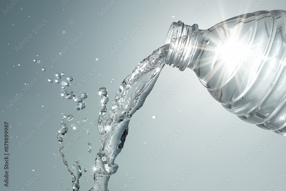 A plastic water bottle is being poured into a body of water, creating a large splash with droplets of water flying outward. Blue sky and the sun's reflection is visible on the surface of the water. A plastic water bottle is being poured into a body of water, creating a large splash with droplets of water flying outward. Blue sky and the sun's reflection is visible on the surface of the water.