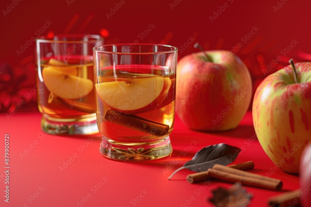 A still life composition featuring two glasses of apple cider sitting next to a selection of apples
