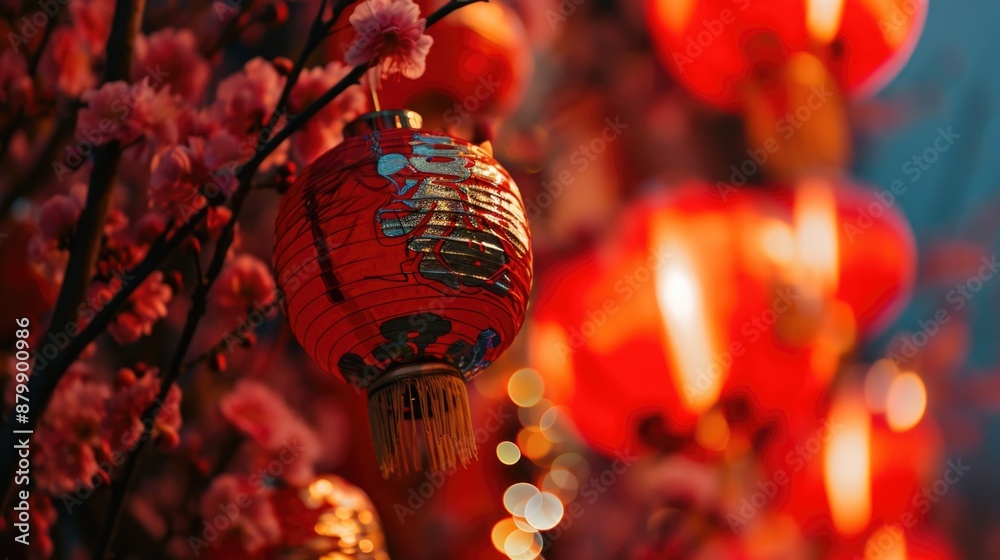 Naklejka premium A bunch of red lanterns hang from a tree branch, illuminated at night