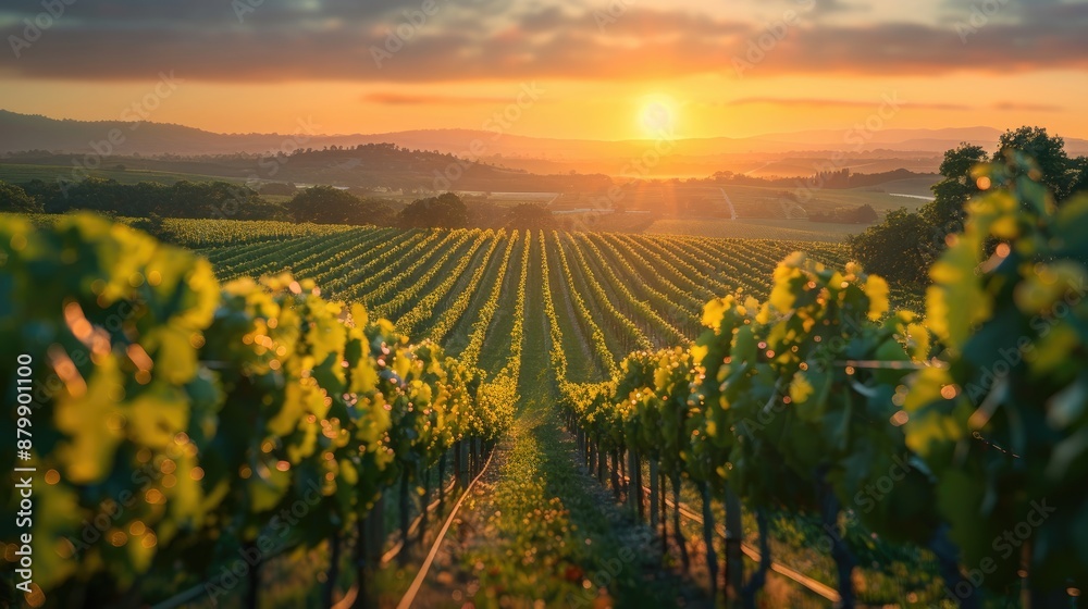 Fototapeta premium Vineyard landscape with sunset.
