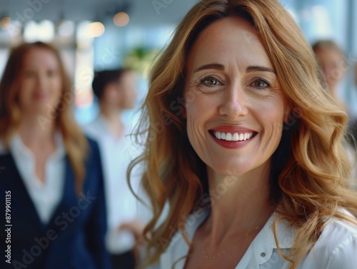 A woman smiling with a group of people, perfect for social media, events or community illustrations