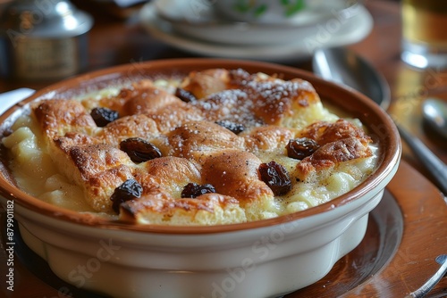 A serving of bread and butter pudding, with layers of buttered bread, raisins, and custard, baked until golden. photo