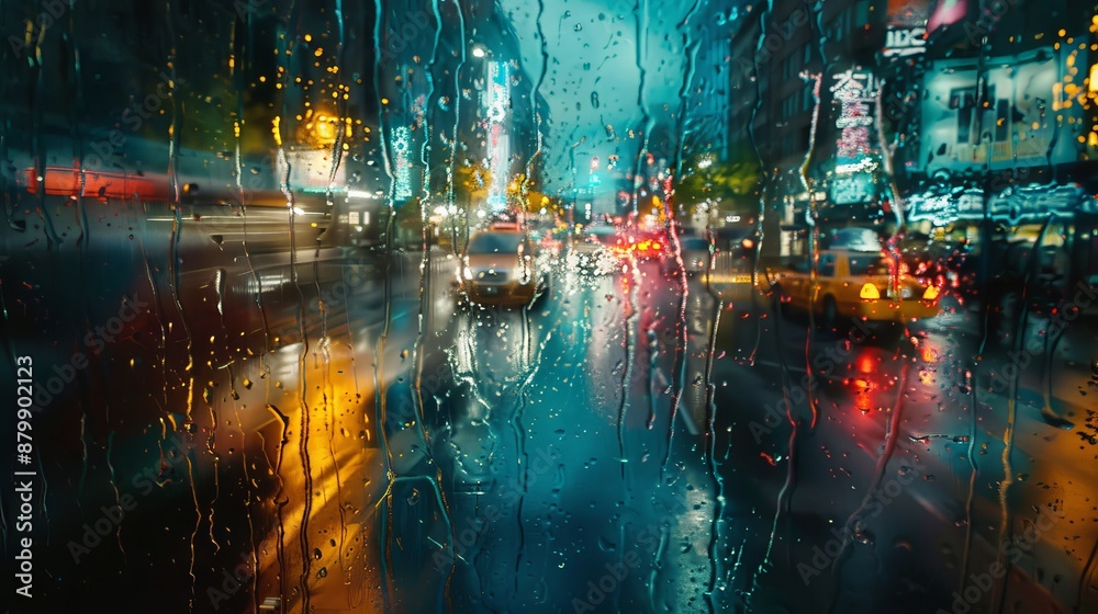 Fototapeta premium City street on a rainy night seen though a wet glass 