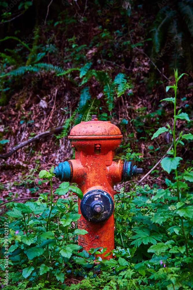 Rusty Orange Fire Hydrant in Lush Green Undergrowth Eye-Level Perspective Rusty Orange Fire Hydrant in Lush Green Undergrowth Eye-Level Perspective