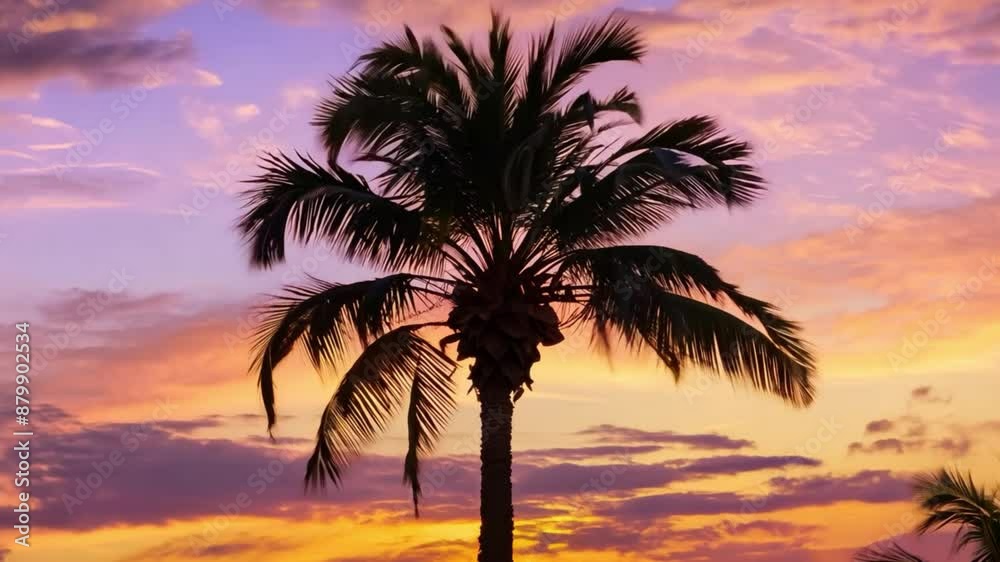 Silhouette of a palm tree against a vibrant sunset sky.