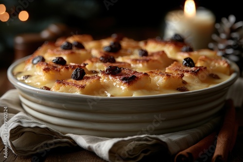 A serving of bread and butter pudding, with layers of buttered bread, raisins, and custard, baked until golden.