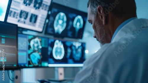 Doctor in a white coat analyzing brain scans on multiple computer monitors in a medical facility