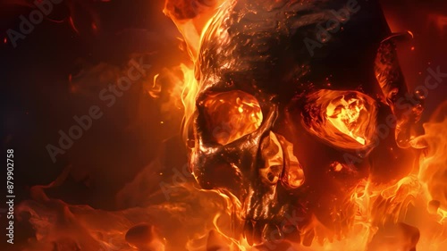 Burning human skull surrounded by flames.