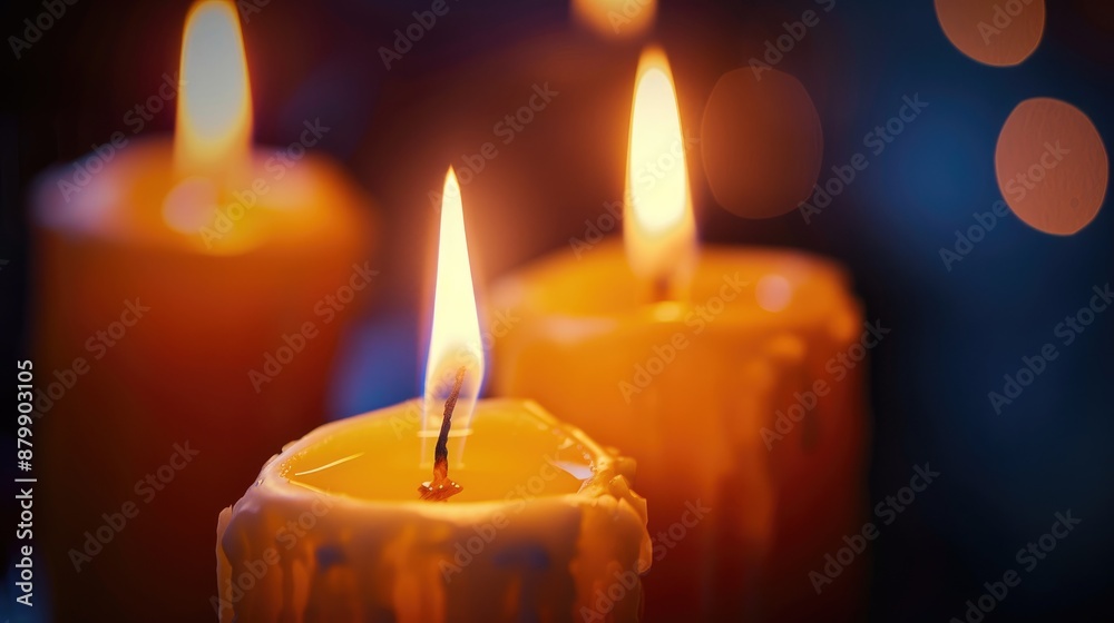 Close up of candles burning on a dark background with room for text Close up of candles burning on a dark background with room for text