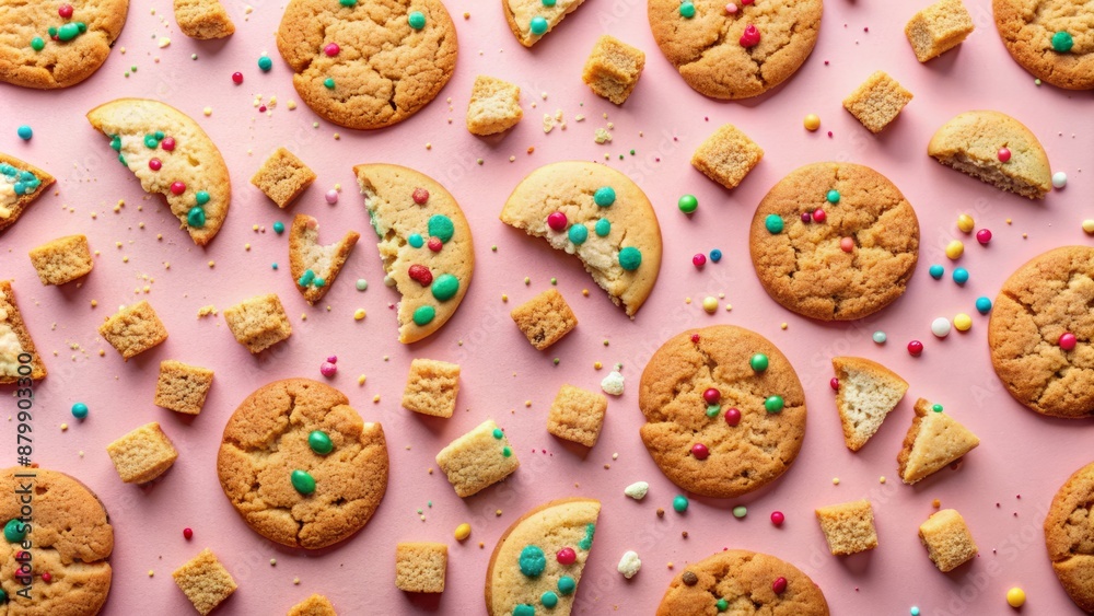 Deliciously imperfect arrangement of broken and crumbly sweet cookies in a colorful flat lay pattern on a soft pink background. Deliciously imperfect arrangement of broken and crumbly sweet cookies in a colorful flat lay pattern on a soft pink background.