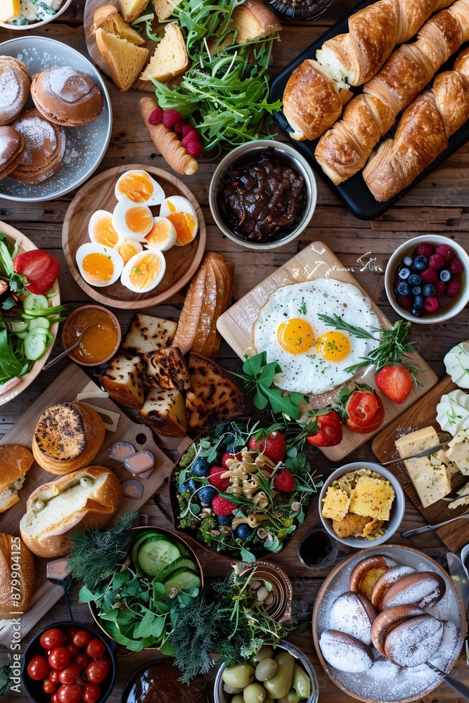 Brunch spread with a variet of dishes pastries. Village Breakfast with pastries, vegetables, greens, spreads, cheeses, fried eggs, jams. Brunch spread with a variet of dishes pastries. Village Breakfast with pastries, vegetables, greens, spreads, cheeses, fried eggs, jams.