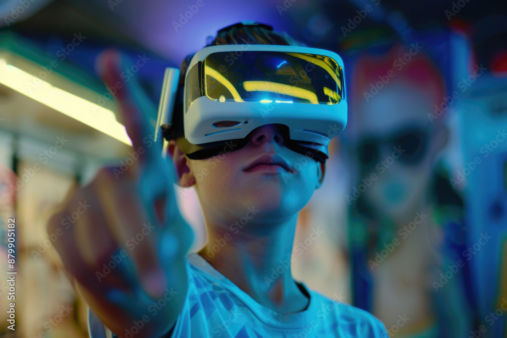 A young boy wearing a virtual reality headset, exploring digital worlds A young boy wearing a virtual reality headset, exploring digital worlds