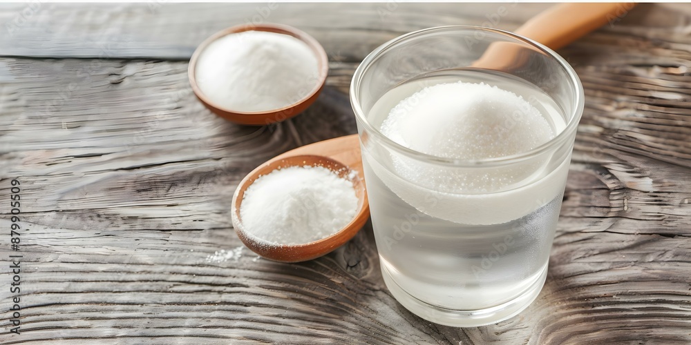Collagen Powder Dissolved in Glass of Water on Wooden Surface. Concept Collagen Powder, Glass of Water, Wooden Surface, Health Supplement, Beverage Collagen Powder Dissolved in Glass of Water on Wooden Surface. Concept Collagen Powder, Glass of Water, Wooden Surface, Health Supplement, Beverage