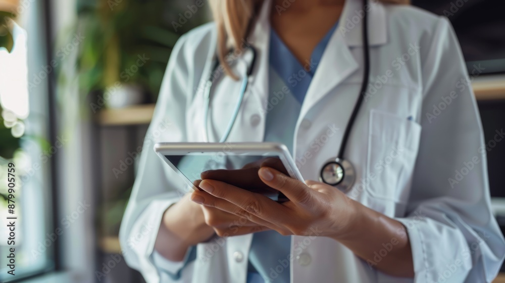 Female doctor in a white coat reviewing notes on a clipboard in a hospital corridor Female doctor in a white coat reviewing notes on a clipboard in a hospital corridor