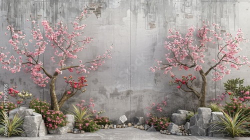 There is a Japanese bansai tree with sakura flowers in the background of the image. photo