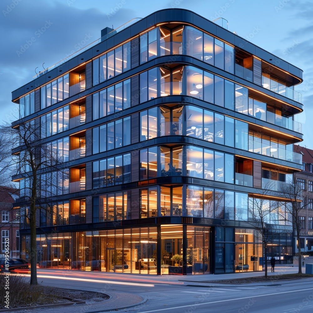 Obraz premium Glass office building at twilight with innovative design and elegant interiors, creating a minimalist atmosphere