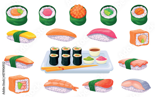 Cartoon japanese sushi rolls. Sushis roll with rice salmon tuna fish wasabi sauce, asian cookery delicious seafood maki sashimi restaurant lunch menu set, neat illustration