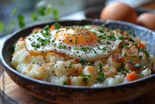 Wallpaper Mural A serving of bubble and squeak, made from leftover vegetables, served with a fried egg on top.  Torontodigital.ca