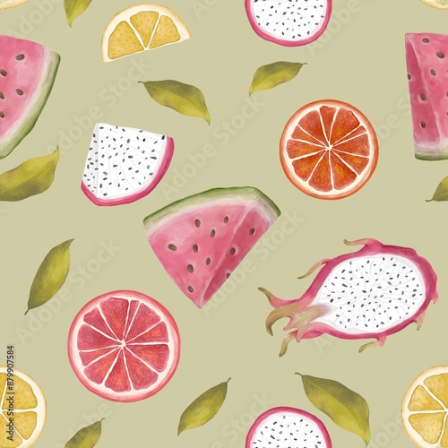 Watercolor summer bright colors of summer mixed fruits, pattern. Hand drawn watercolor sketch style for seamless pattern fashion design, fabric, wallpaper, wrap and all prints. Green background