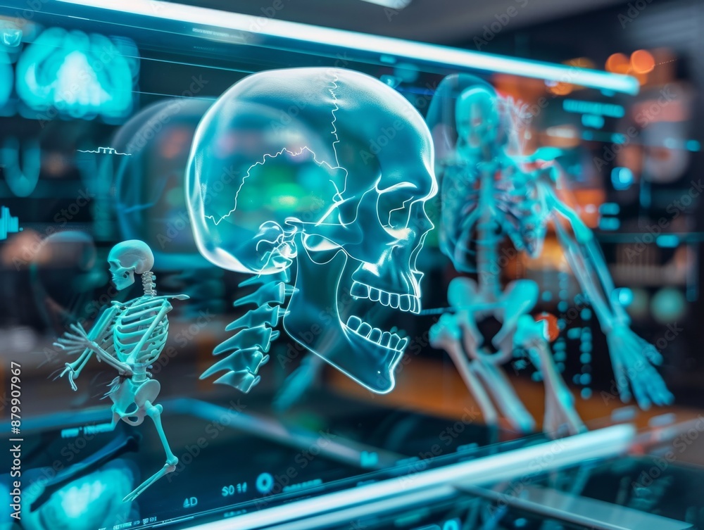 High-tech holographic display of a human skeleton, highlighting detailed anatomy with advanced imaging technology High-tech holographic display of a human skeleton, highlighting detailed anatomy with advanced imaging technology
