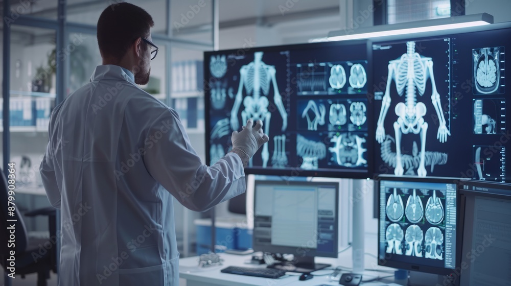 Doctor analyzing medical X-ray images of the human skeleton and brain, showcasing advanced diagnostic technology in a clinical environment Doctor analyzing medical X-ray images of the human skeleton and brain, showcasing advanced diagnostic technology in a clinical environment