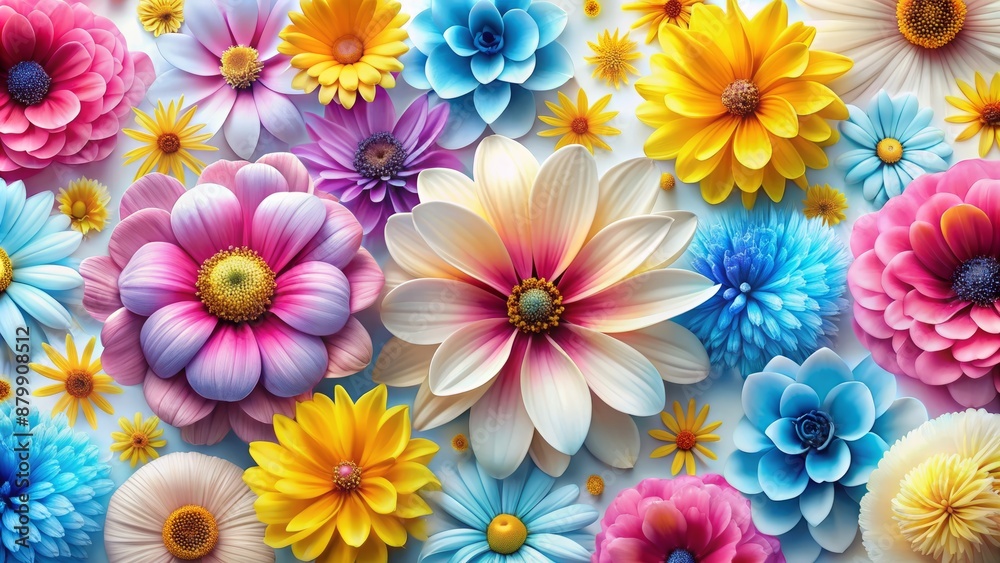 Vibrant petals of pink, yellow, and blue flowers burst forth on a white background in a stunning modern abstract arrangement. Vibrant petals of pink, yellow, and blue flowers burst forth on a white background in a stunning modern abstract arrangement.