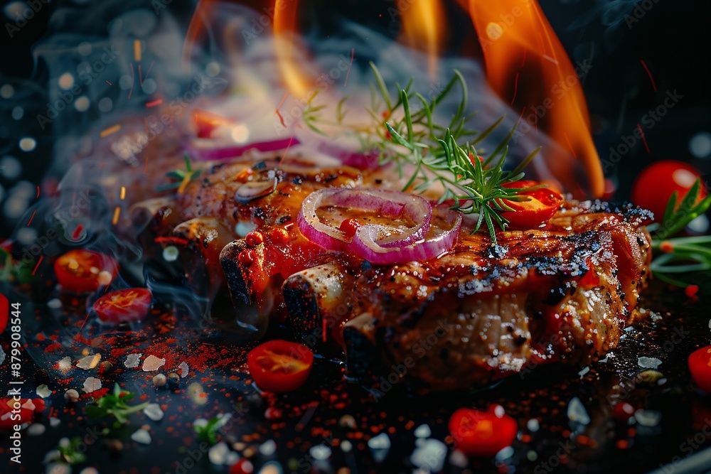Grilled beef steak with vegetables and spices. Flames and smoke on dark background. Baked meat. Delicious dish. Meat with spices and sauce. Grilled beef steak with vegetables and spices. Flames and smoke on dark background. Baked meat. Delicious dish. Meat with spices and sauce.