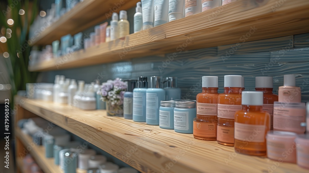 A close-up view of a shelf in a spa, showcasing an array of refillable beauty products, arranged neatly on wooden shelves. A close-up view of a shelf in a spa, showcasing an array of refillable beauty products, arranged neatly on wooden shelves.