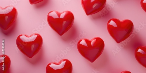 A cluster of red hearts scattered on a bright pink surface, ideal for Valentine's Day or romantic theme images