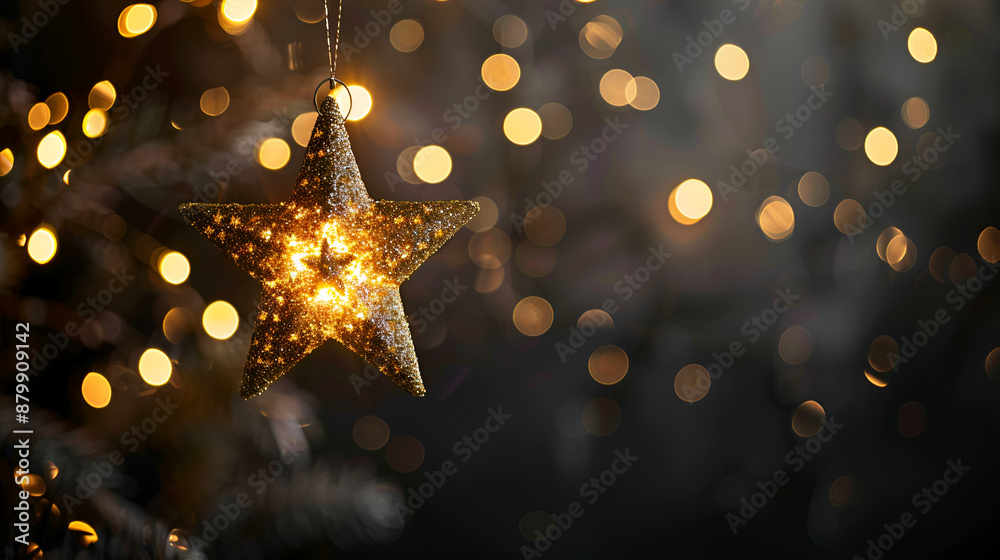 A golden star light hanging on a black backdrop A golden star light hanging on a black backdrop